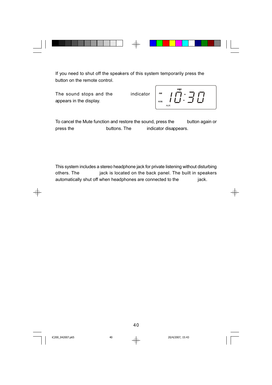 Phones (stereo headphone) jack, Mute control (remote control only) | Emerson iC200 User Manual | Page 41 / 48