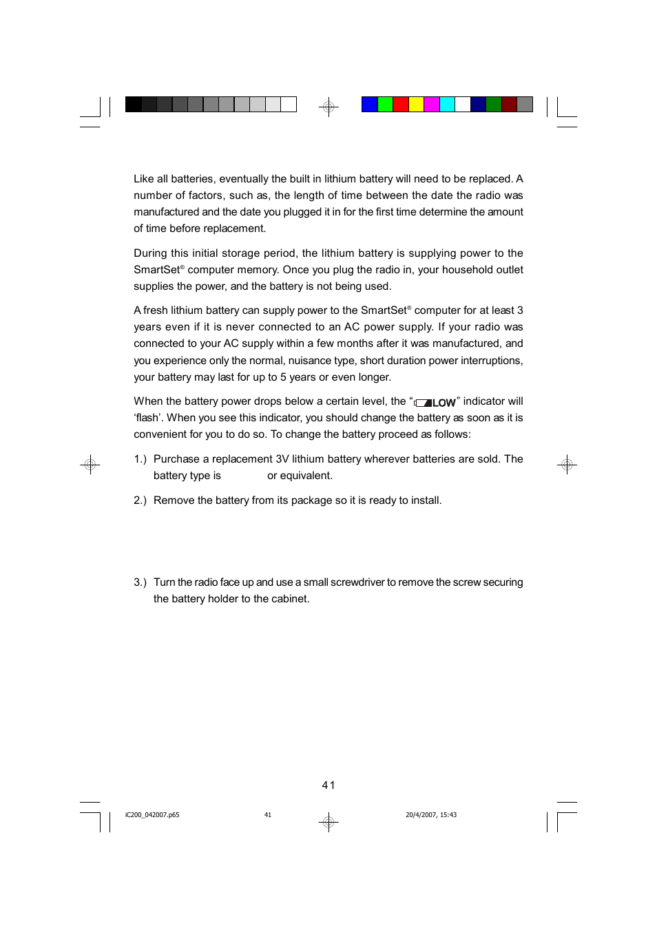 Changing the lithium battery | Emerson iC200 User Manual | Page 42 / 48