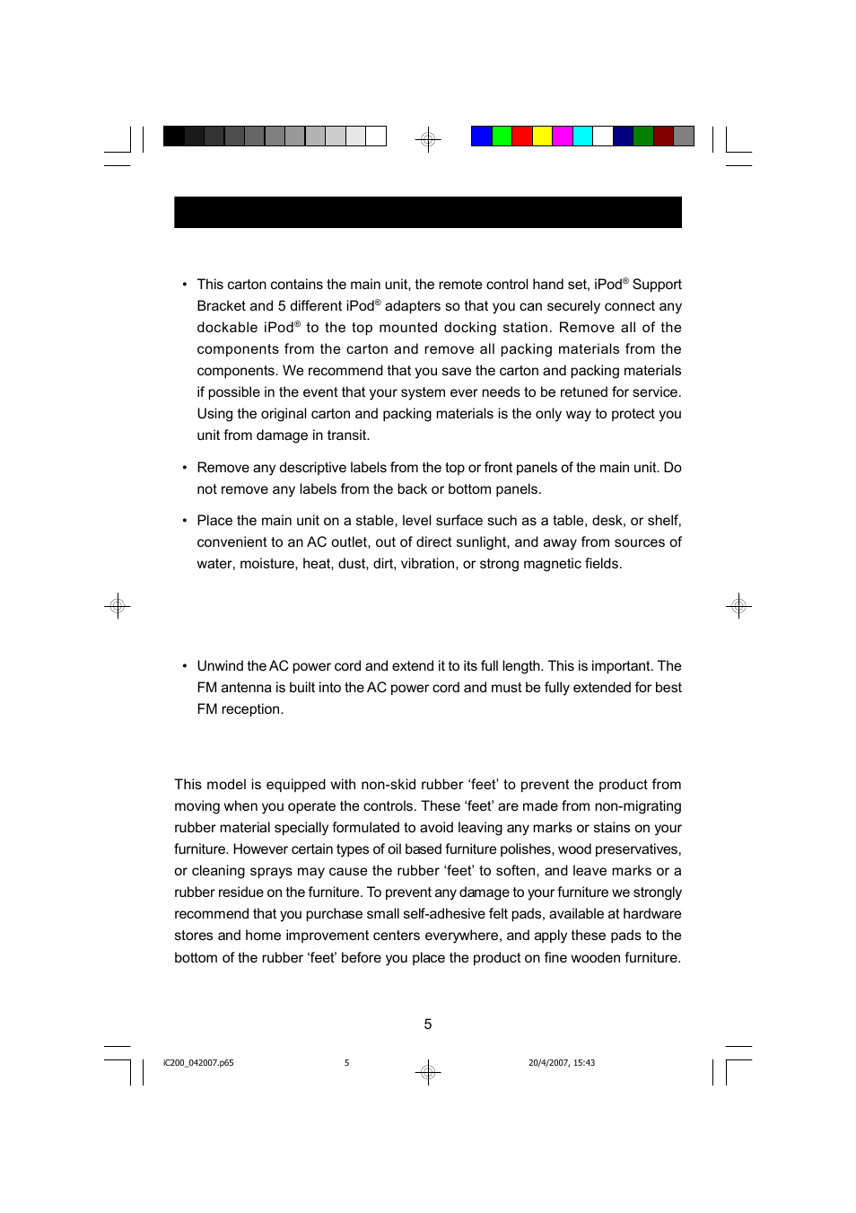 Protect your furniture, Unpacking and set up | Emerson iC200 User Manual | Page 6 / 48