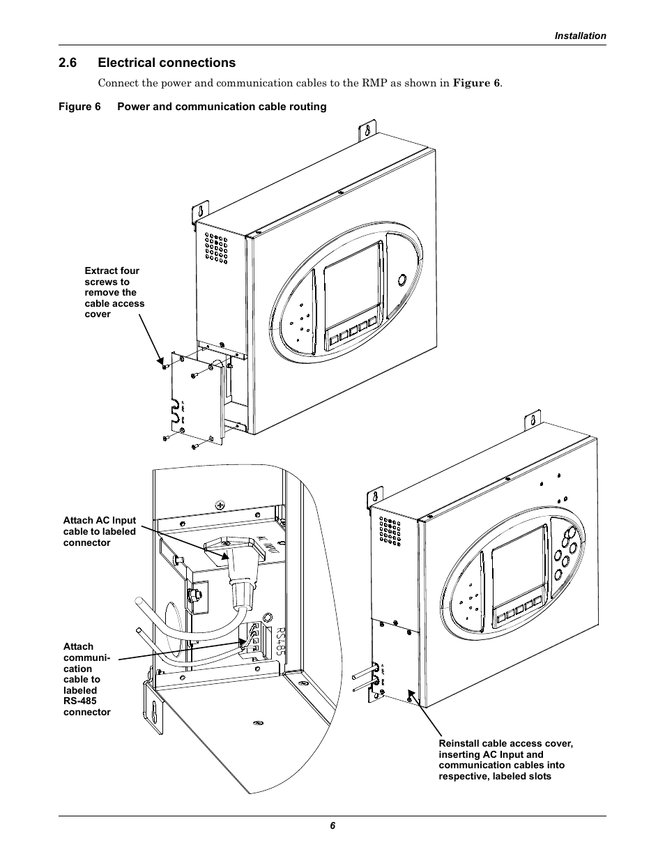 6 electrical connections, Figure 6 power and communication cable routing, Electrical connections | Figure 6, Power and communication cable routing | Emerson Liebert Remote Monitoring Panel User Manual | Page 10 / 28