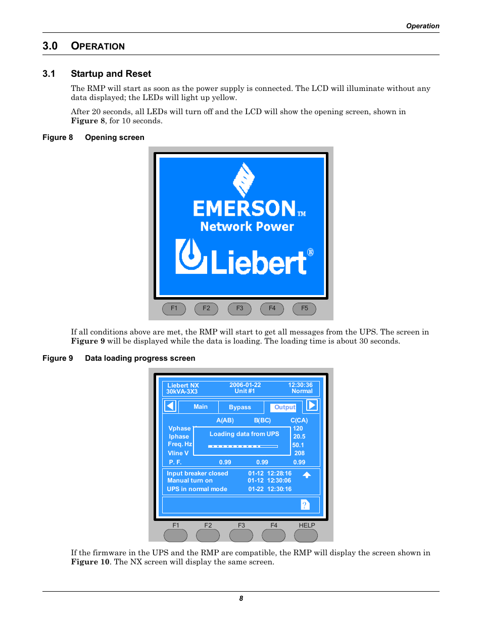 0 operation, 1 startup and reset, Figure 8 opening screen | Figure 9 data loading progress screen, Peration, Startup and reset, Figure 8, Opening screen, Figure 9, Data loading progress screen | Emerson Liebert Remote Monitoring Panel User Manual | Page 12 / 28