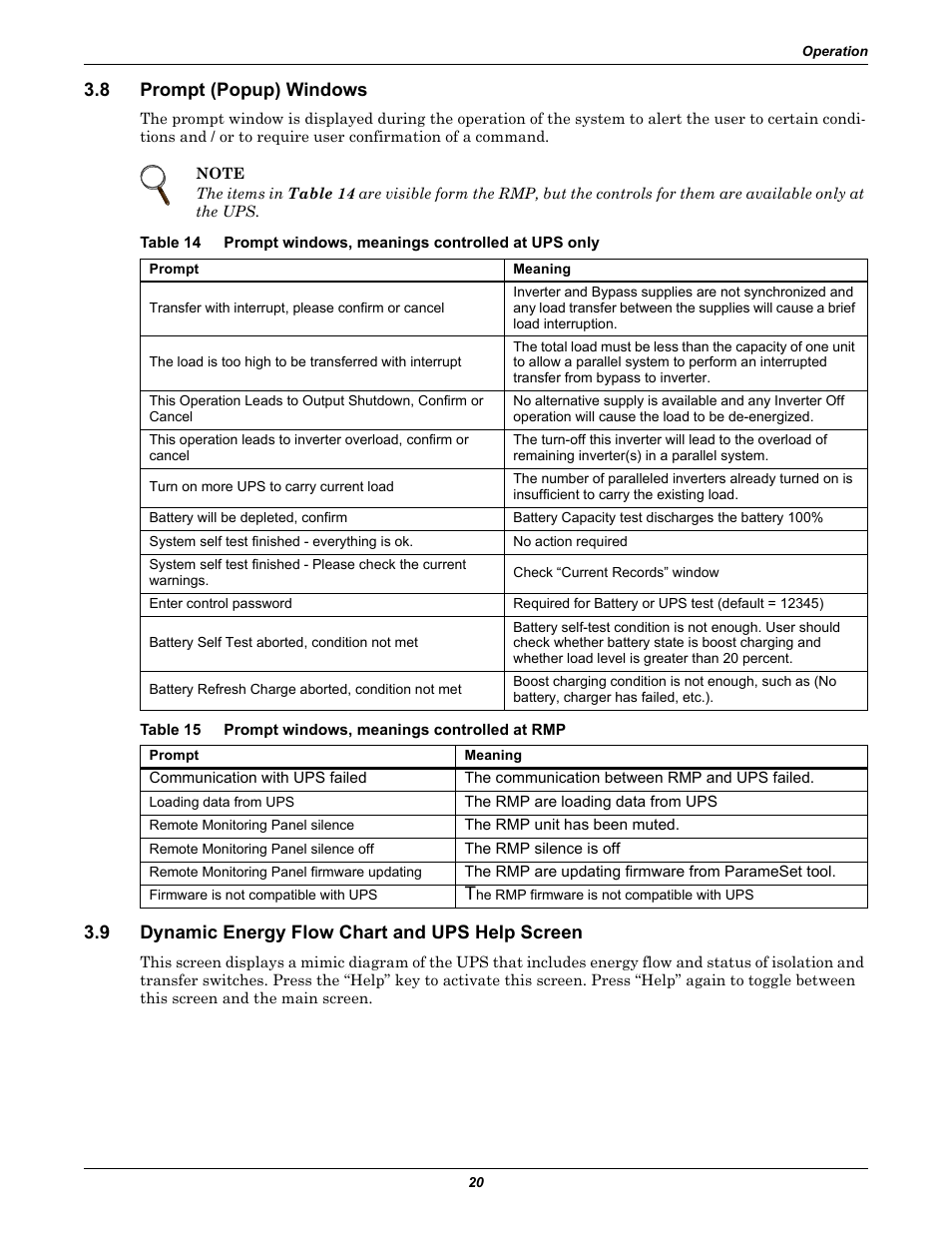 8 prompt (popup) windows, 9 dynamic energy flow chart and ups help screen, Prompt (popup) windows | Dynamic energy flow chart and ups help screen, Table 14, Prompt windows, meanings controlled at ups only, Table 15, Prompt windows, meanings controlled at rmp | Emerson Liebert Remote Monitoring Panel User Manual | Page 24 / 28