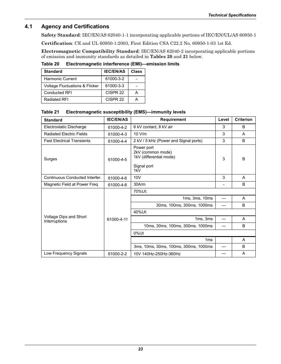 1 agency and certifications, Agency and certifications, Table 20 | Electromagnetic interference (emi)—emission limits, Table 21 | Emerson Liebert Remote Monitoring Panel User Manual | Page 27 / 28