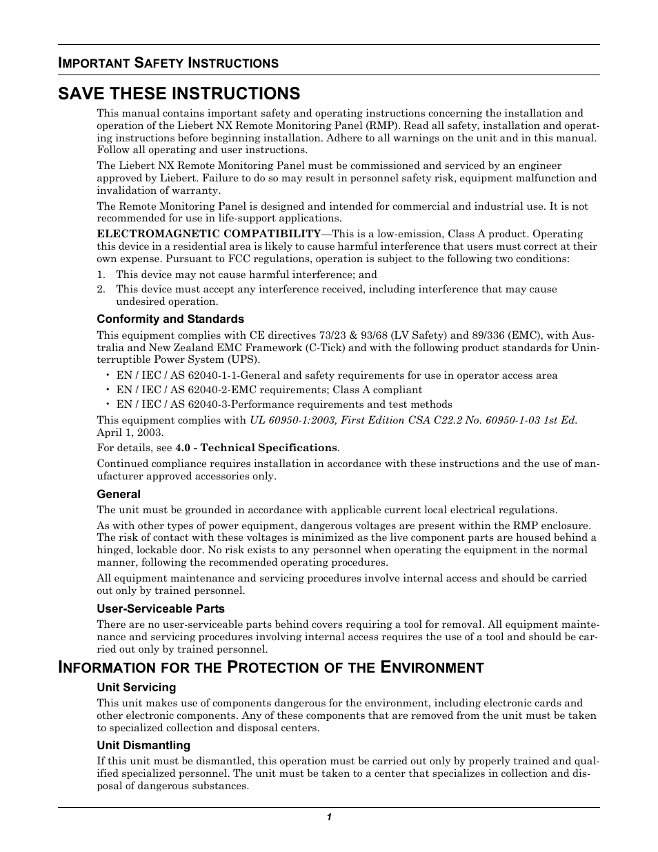 Important safety instructions, Save these instructions, Conformity and standards | General, User-serviceable parts, Information for the protection of the environment, Unit servicing, Unit dismantling, Mportant, Afety | Emerson Liebert Remote Monitoring Panel User Manual | Page 5 / 28