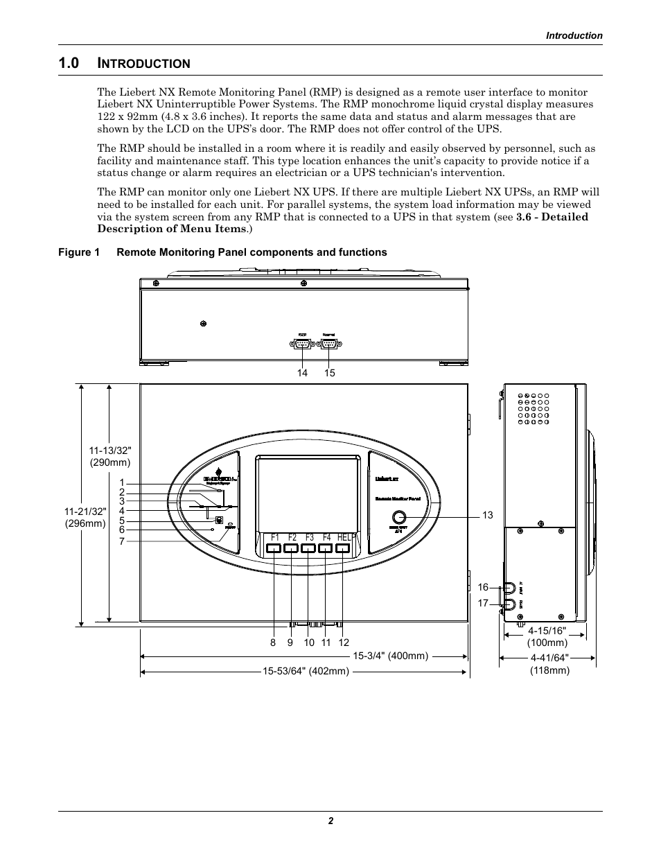 0 introduction, Ntroduction, Remote monitoring panel components and functions | Emerson Liebert Remote Monitoring Panel User Manual | Page 6 / 28