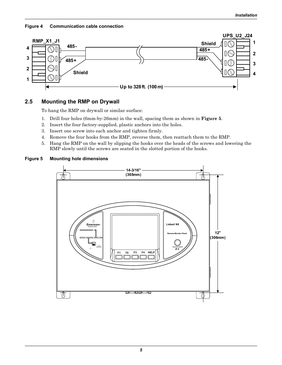 Figure 4 communication cable connection, 5 mounting the rmp on drywall, Figure 5 mounting hole dimensions | Mounting the rmp on drywall, Figure 4, Communication cable connection, Figure 5, Mounting hole dimensions | Emerson Liebert Remote Monitoring Panel User Manual | Page 9 / 28
