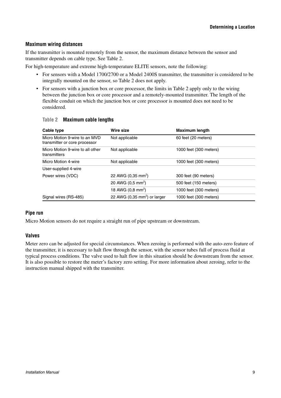Maximum wiring distances, Pipe run, Valves | Emerson CMF200A User Manual | Page 11 / 26