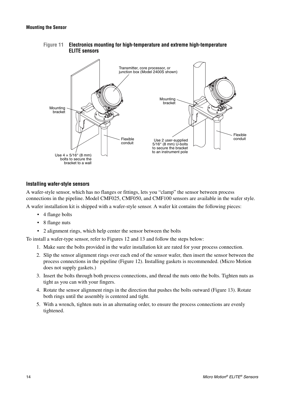 Installing wafer-style sensors | Emerson CMF200A User Manual | Page 16 / 26