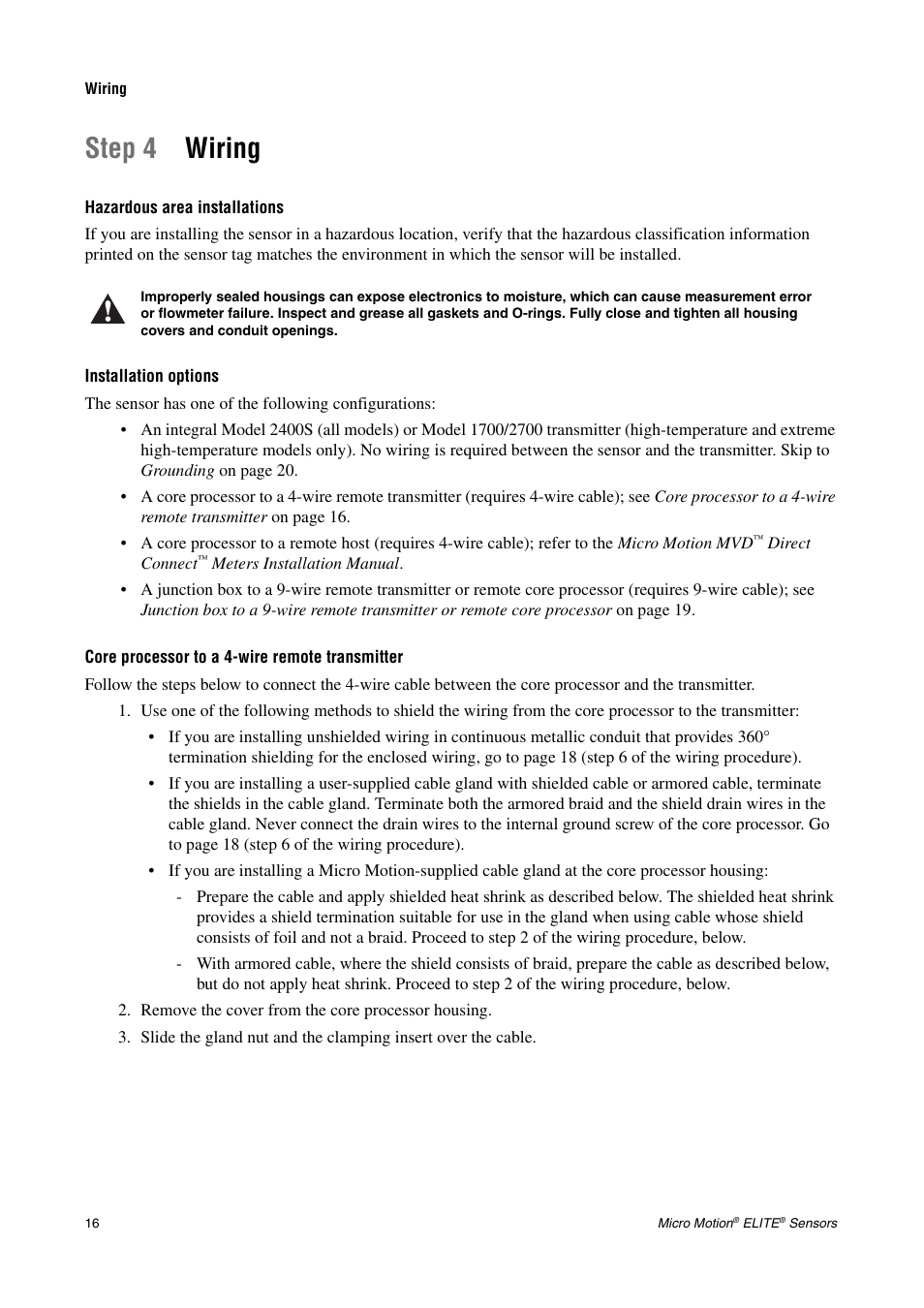 Wiring, Hazardous area installations, Installation options | Core processor to a 4-wire remote transmitter, Step 4 wiring | Emerson CMF200A User Manual | Page 18 / 26