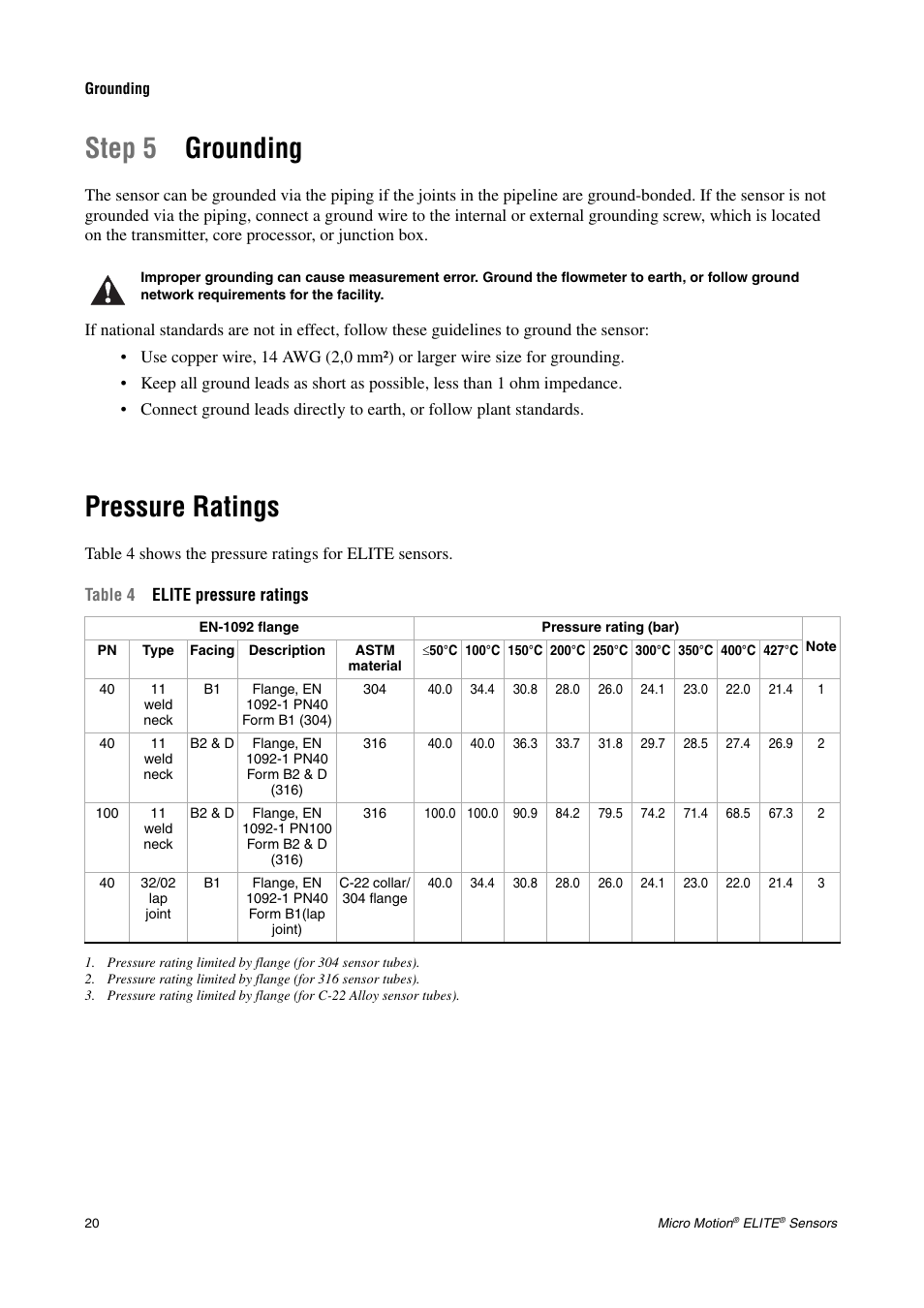 Grounding, Pressure ratings, Step 5 grounding | Emerson CMF200A User Manual | Page 22 / 26