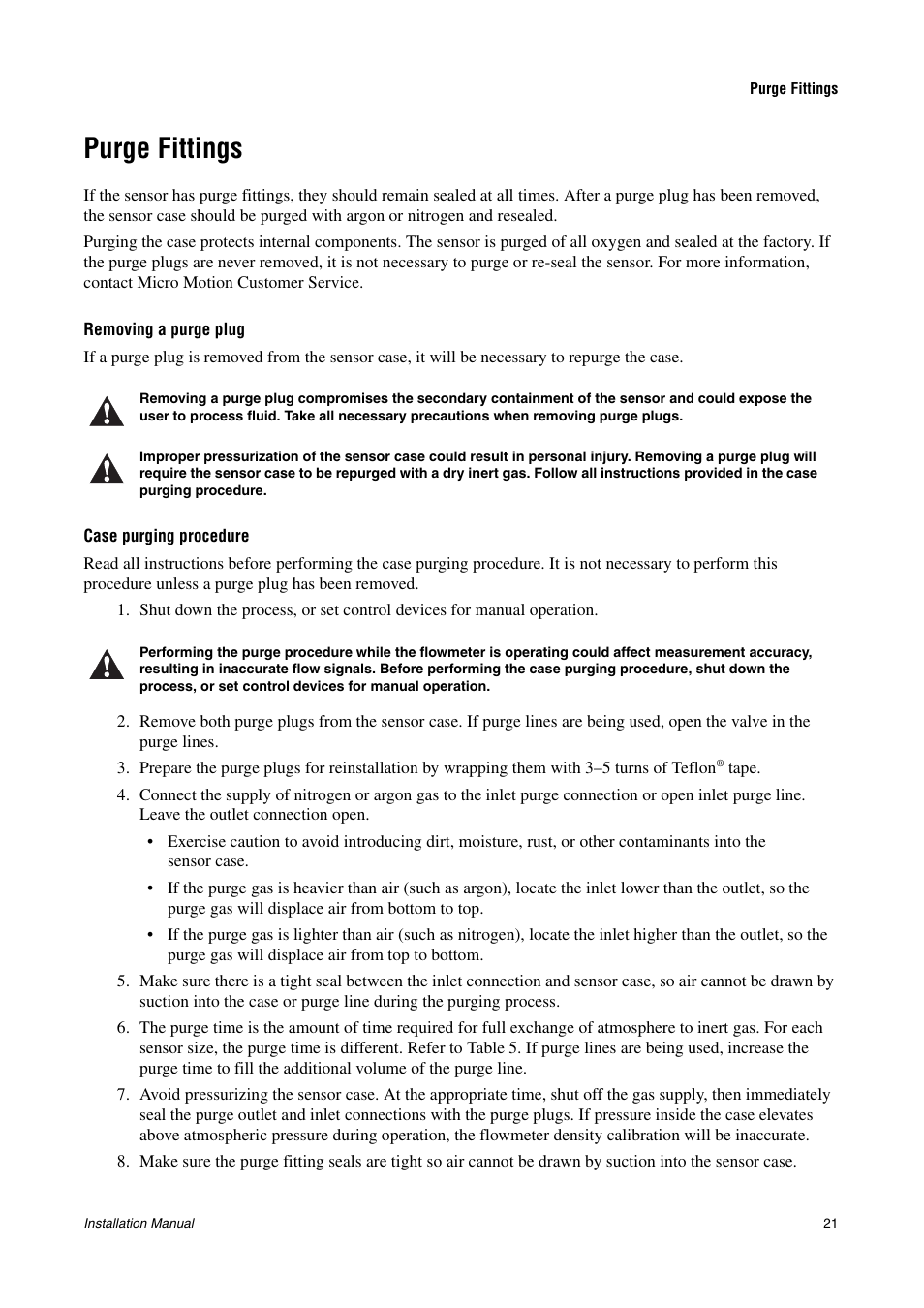 Purge fittings, Removing a purge plug, Case purging procedure | Emerson CMF200A User Manual | Page 23 / 26
