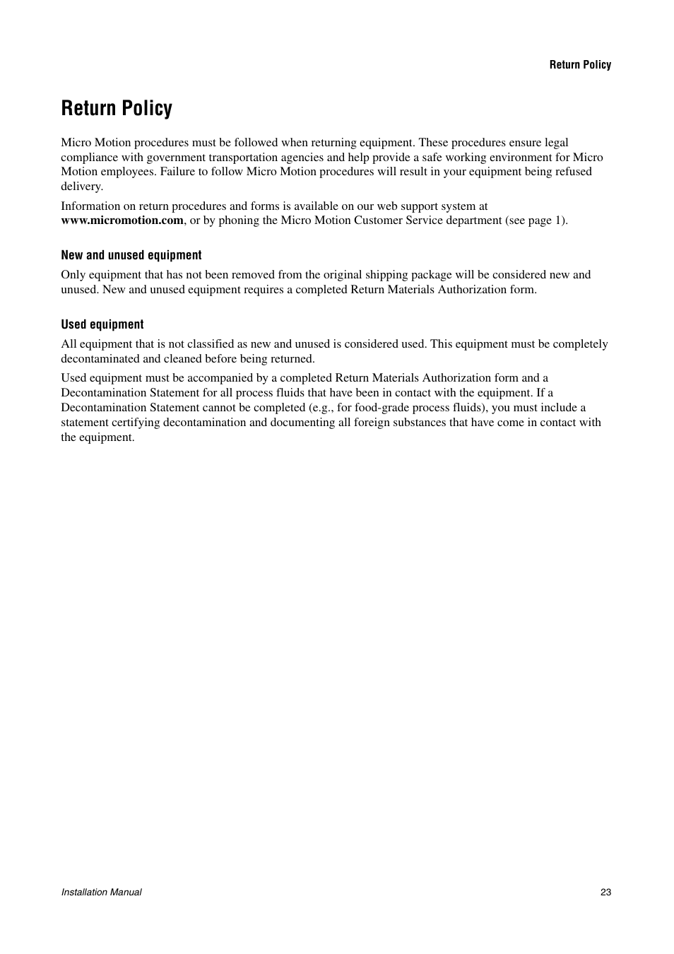 Return policy, New and unused equipment, Used equipment | Emerson CMF200A User Manual | Page 25 / 26
