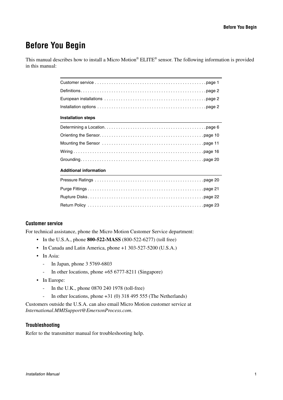 Before you begin, Customer service, Troubleshooting | Emerson CMF200A User Manual | Page 3 / 26