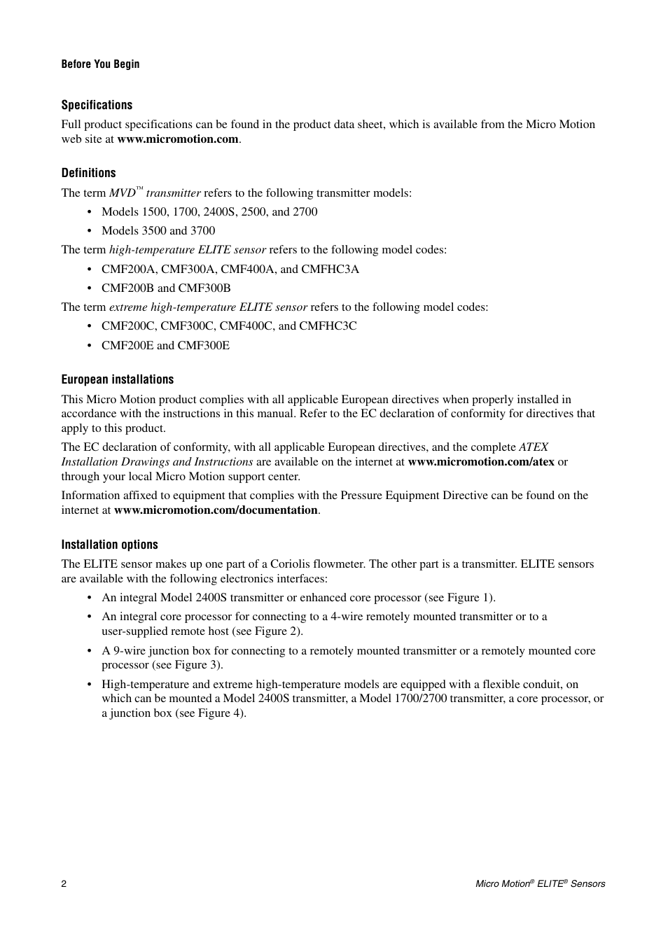 Specifications, Definitions, European installations | Installation options | Emerson CMF200A User Manual | Page 4 / 26