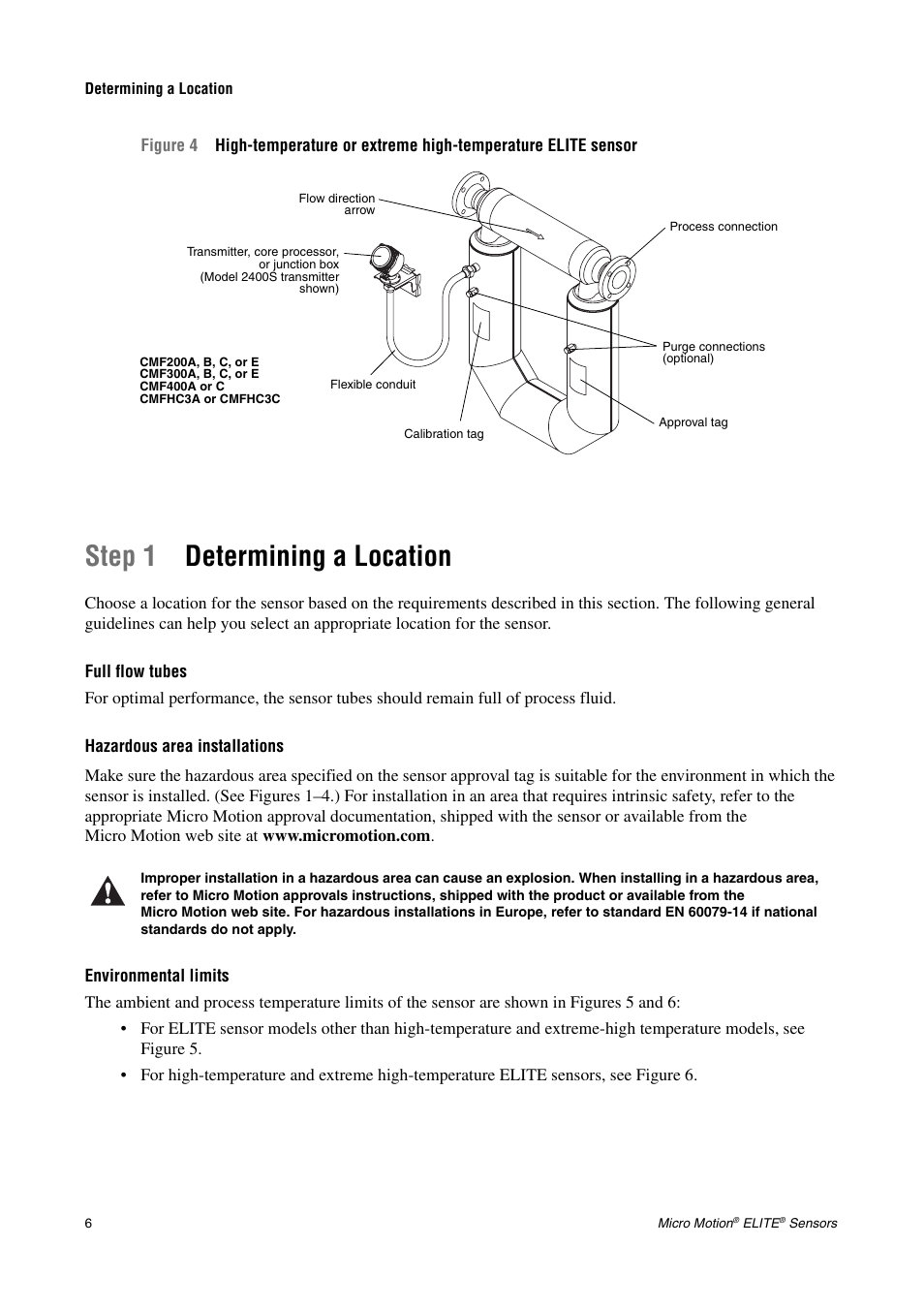 Determining a location, Full flow tubes, Hazardous area installations | Environmental limits, See figure 4), Step 1 determining a location | Emerson CMF200A User Manual | Page 8 / 26