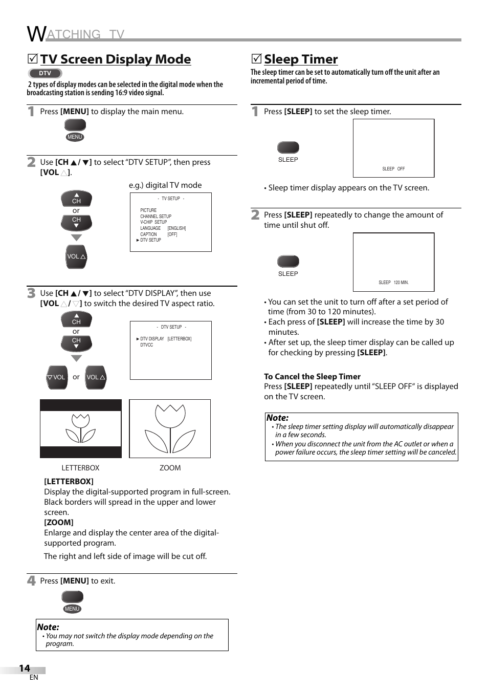 Atching tv, Tv screen display mode, 5sleep timer | Emerson CR202EM8 User Manual | Page 14 / 52