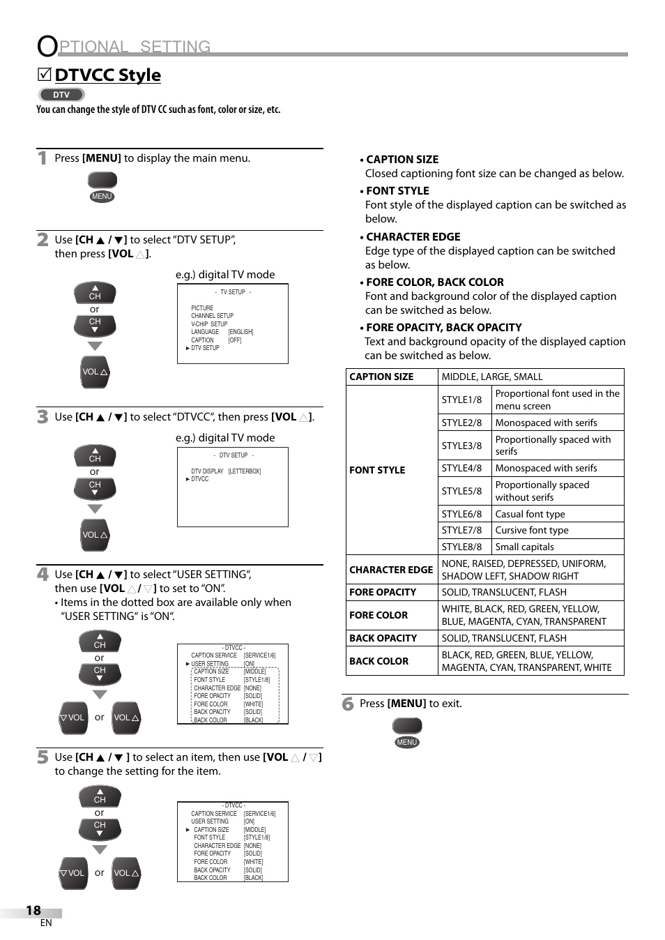 Ptional setting, Dtvcc style | Emerson CR202EM8 User Manual | Page 18 / 52
