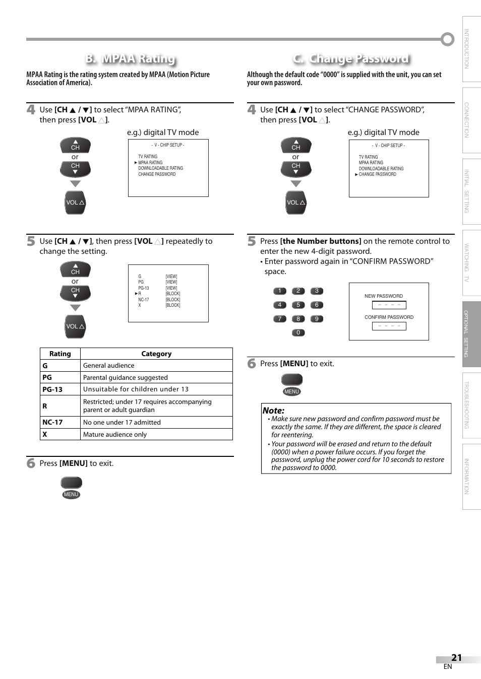 B. mpaa rating, C. change password | Emerson CR202EM8 User Manual | Page 21 / 52