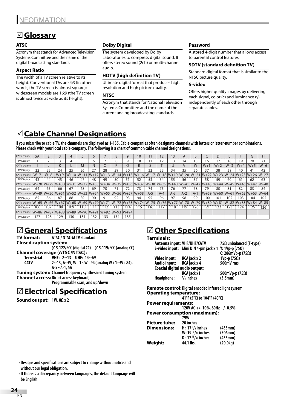 Nformation, Glossary 5, Electrical specification | 5other specifications | Emerson CR202EM8 User Manual | Page 24 / 52