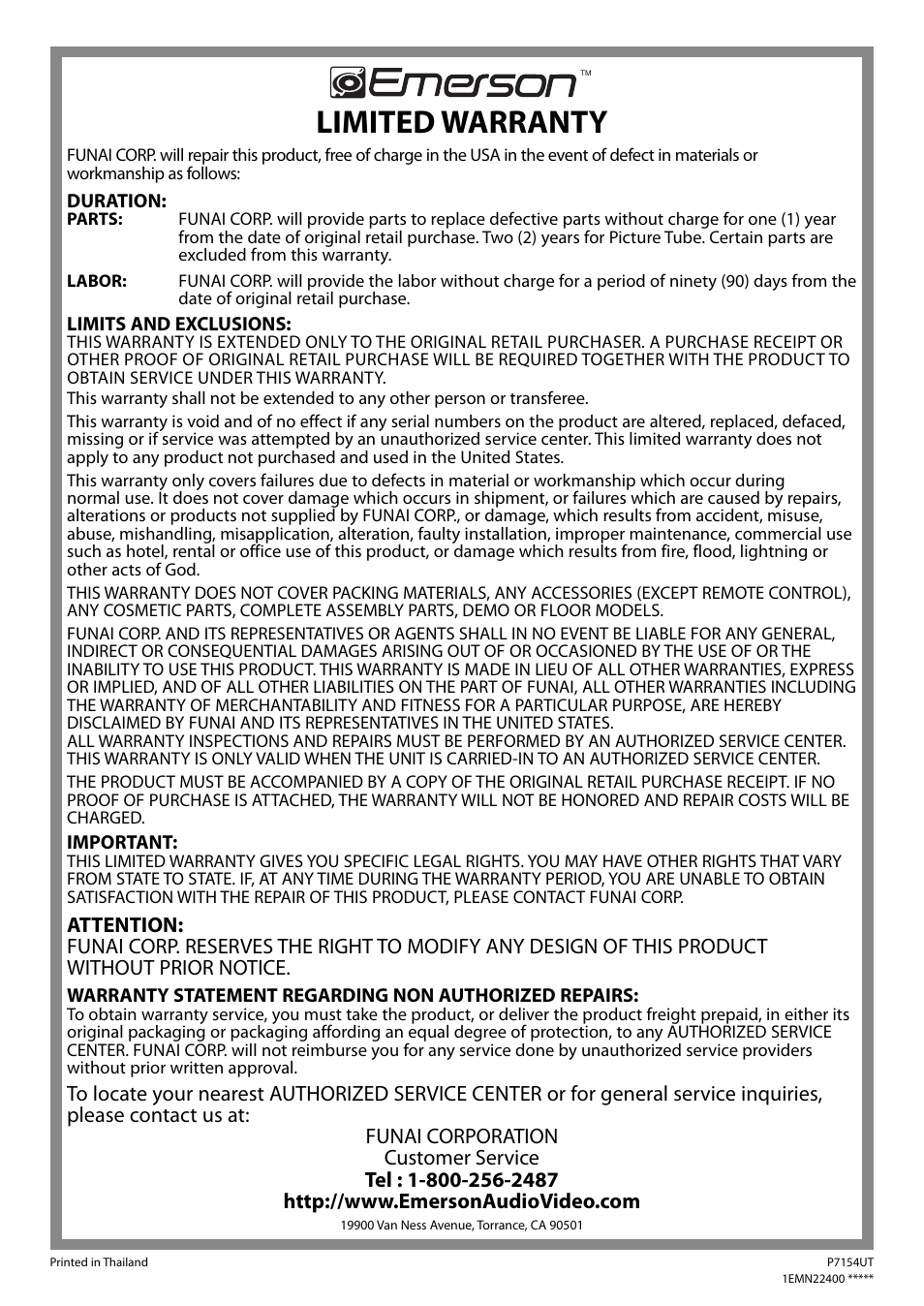 Limited warranty | Emerson CR202EM8 User Manual | Page 26 / 52