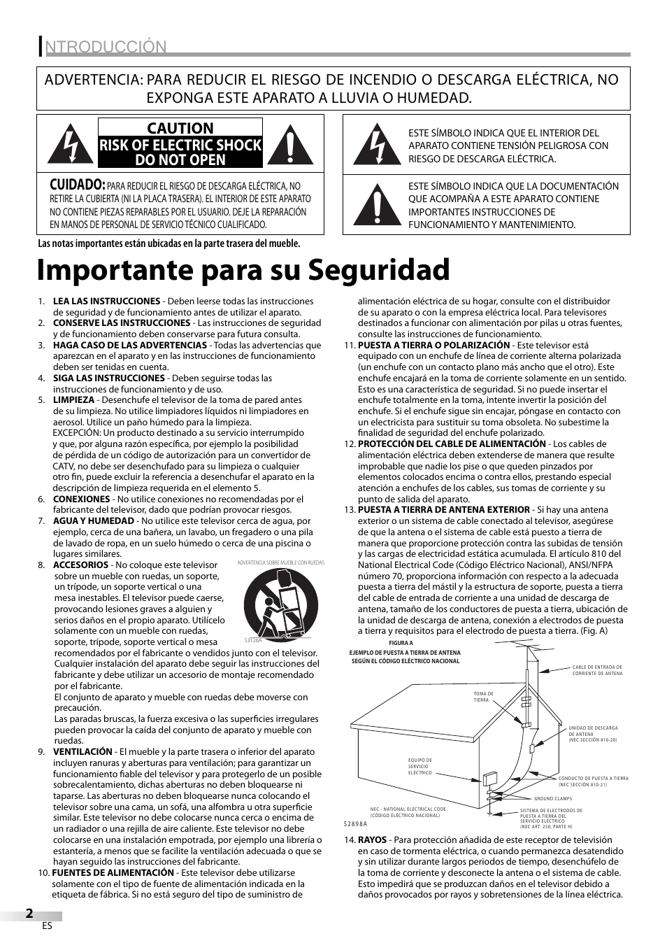 Importante para su seguridad, Ntroducción, Cuidado | Caution risk of electric shock do not open | Emerson CR202EM8 User Manual | Page 28 / 52