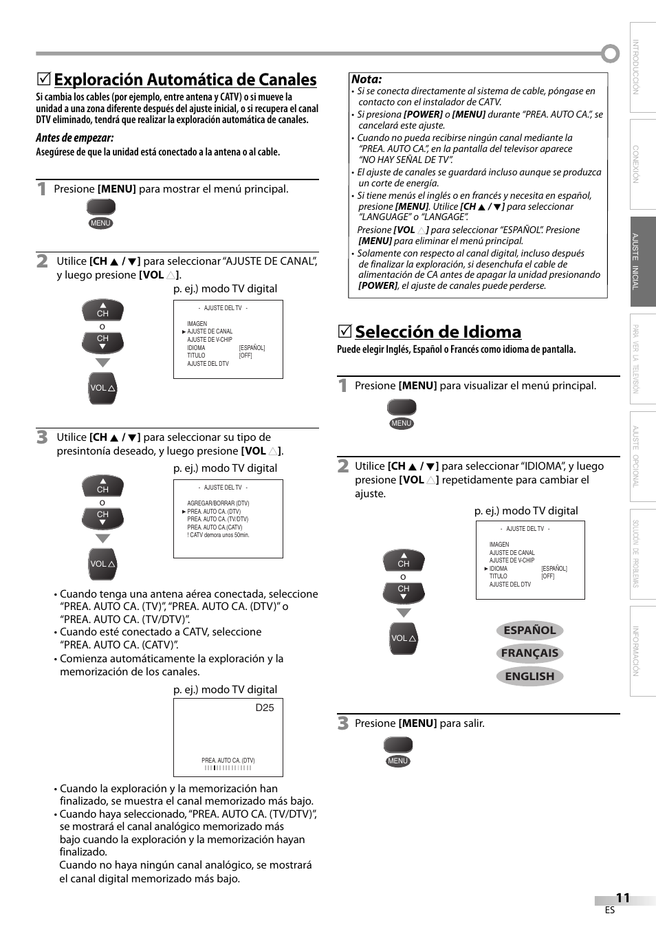 Exploración automática de canales, Selección de idioma | Emerson CR202EM8 User Manual | Page 37 / 52