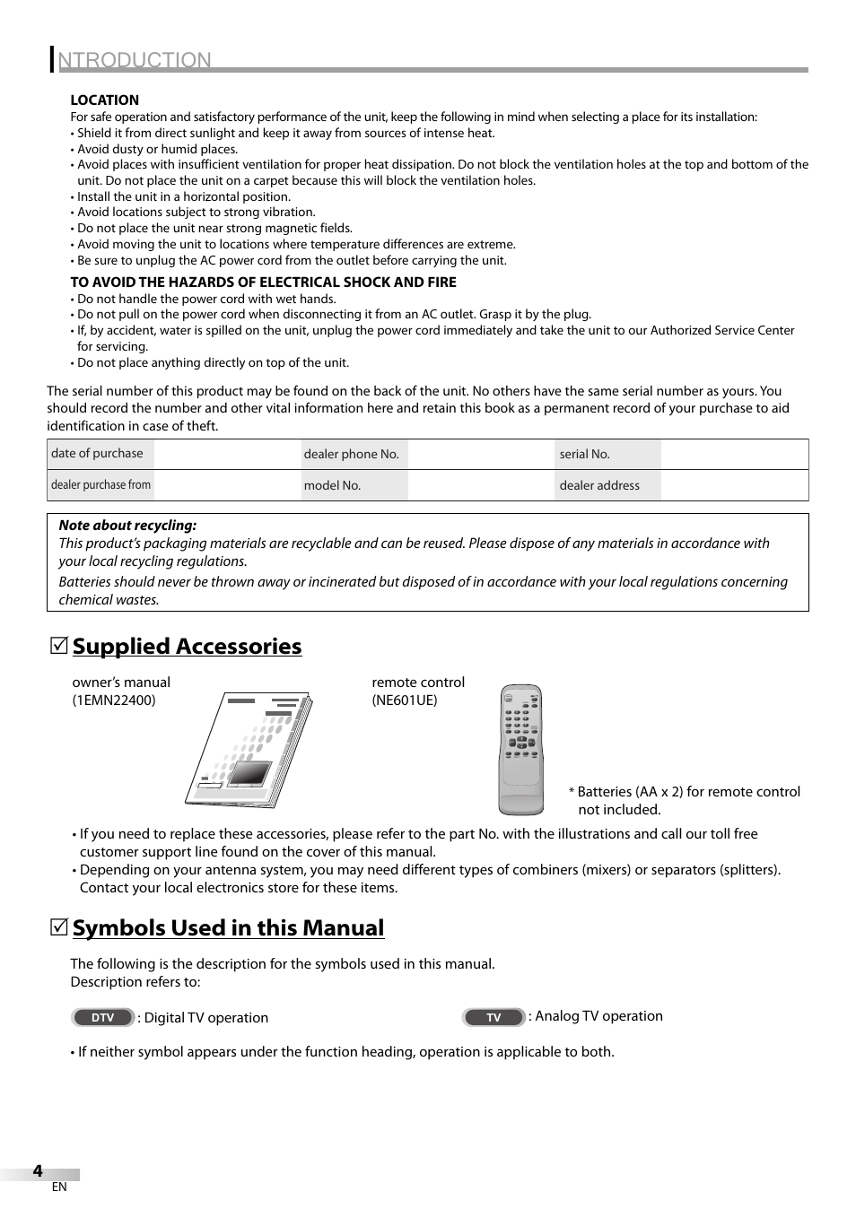 Ntroduction, Supplied accessories 5, Symbols used in this manual 5 | Emerson CR202EM8 User Manual | Page 4 / 52