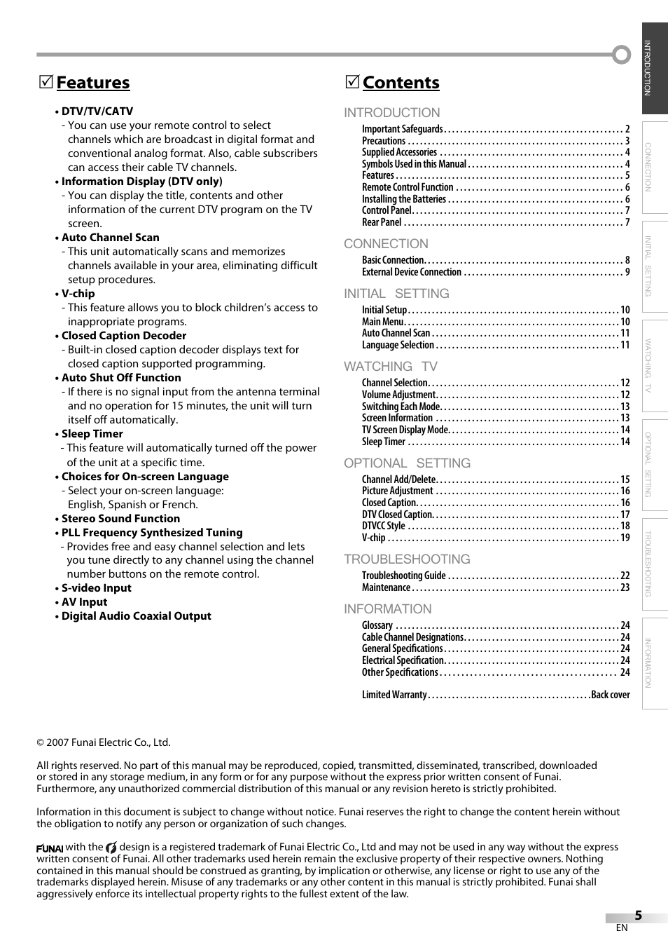 Introduction, Connection, Initial setting | Watching tv, Optional setting, Troubleshooting, Information, Contents 5, Features 5 | Emerson CR202EM8 User Manual | Page 5 / 52