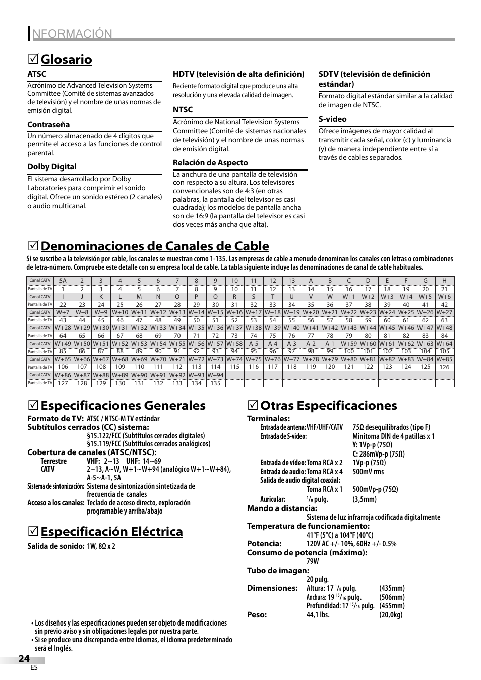 Nformación, Glosario 5, Especificación eléctrica | 5otras especificaciones | Emerson CR202EM8 User Manual | Page 50 / 52