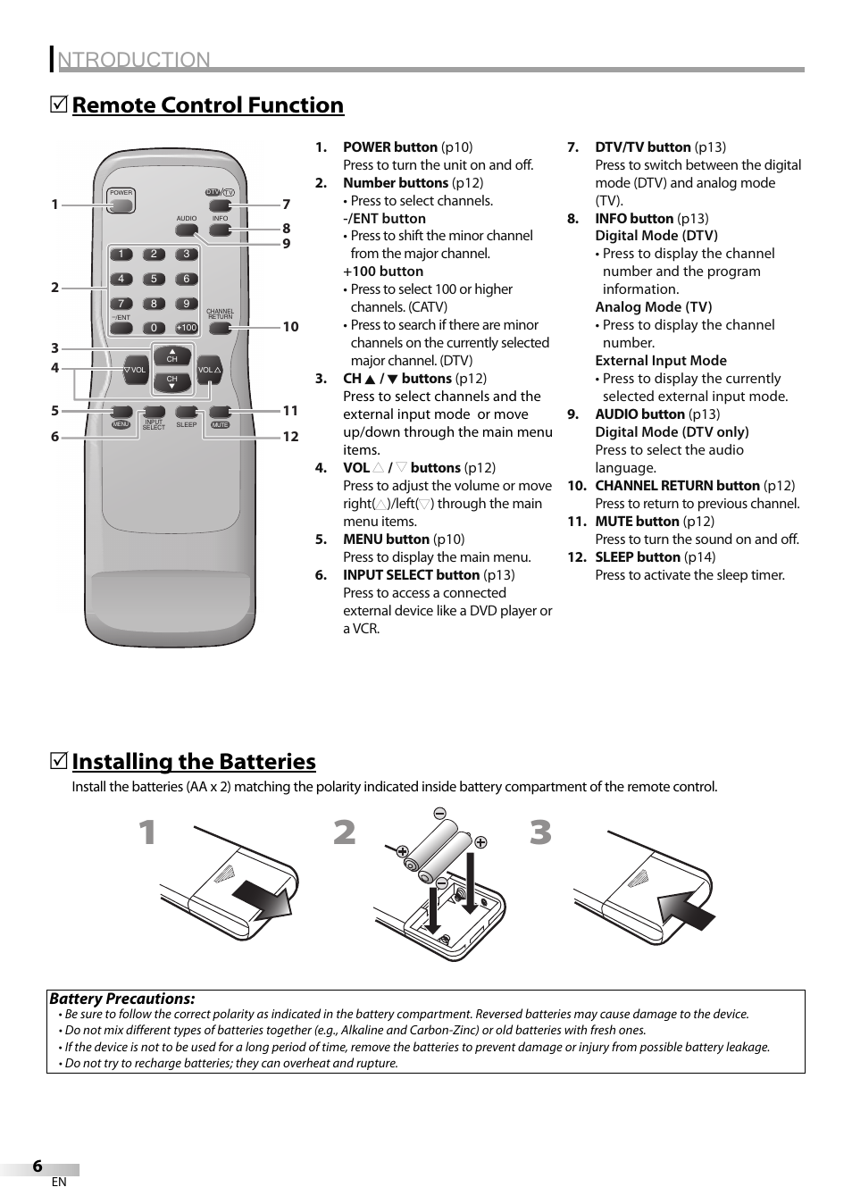 Ntroduction, Remote control function 5, Installing the batteries | Emerson CR202EM8 User Manual | Page 6 / 52