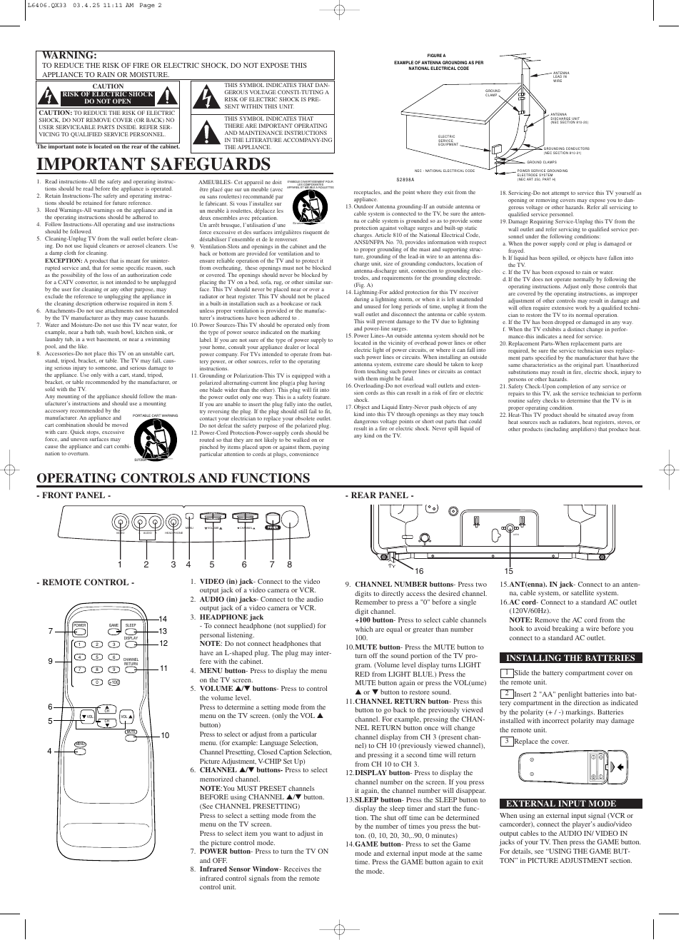 Important safeguards, Operating controls and functions, Warning | Front panel - - rear panel, Installing the batteries, External input mode | Emerson EWT19S3 User Manual | Page 2 / 8