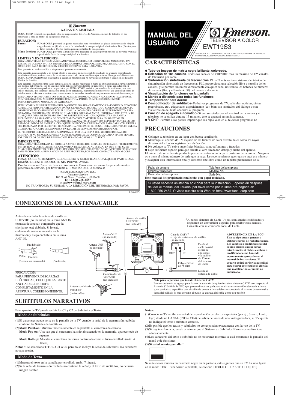 Manual del usuario, Ewt19s3, Conexiones de la antena/cable precauciones | Características, Subtitulos narrativos, Televisor a color, Ant.in | Emerson EWT19S3 User Manual | Page 5 / 8