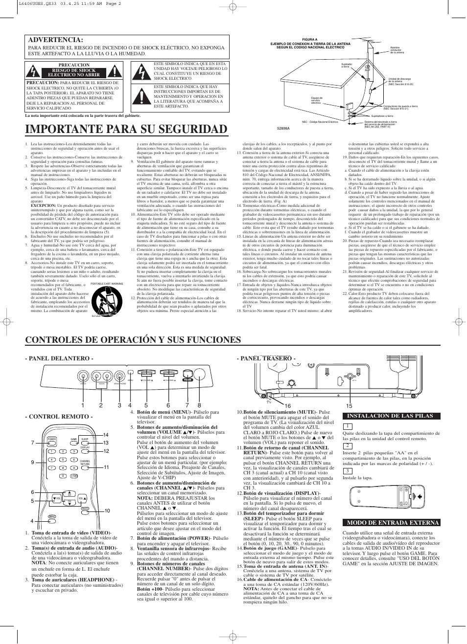 Importante para su seguridad, Controles de operación y sus funciones, Advertencia | Panel trasero, Control remoto - - panel delantero, Modo de entrada externa | Emerson EWT19S3 User Manual | Page 6 / 8