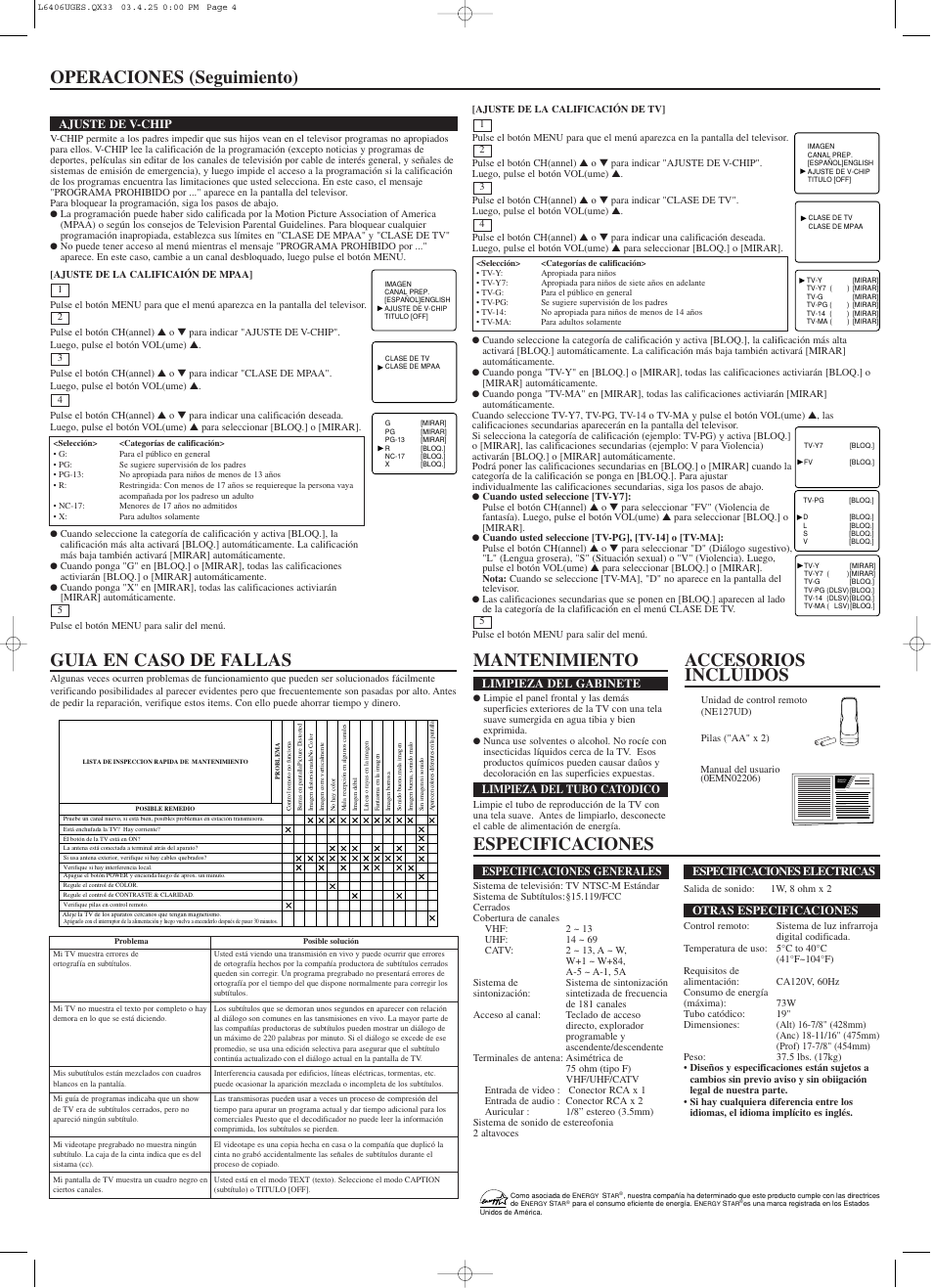 Accesorios incluidos guia en caso de fallas, Especificaciones, Mantenimiento operaciones (seguimiento) | Emerson EWT19S3 User Manual | Page 8 / 8