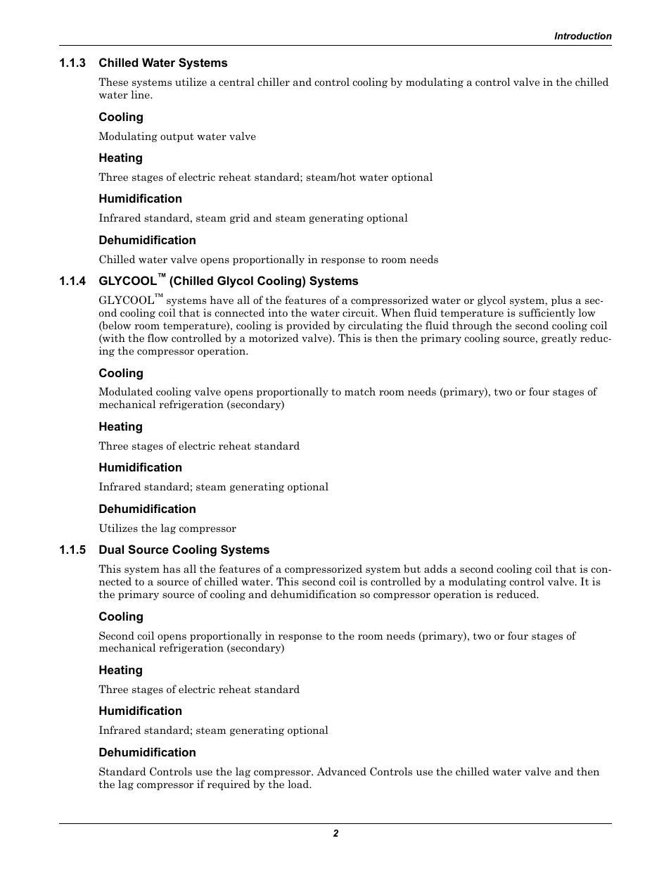 3 chilled water systems, Cooling, Heating | Humidification, Dehumidification, 4 glycool™ (chilled glycol cooling) systems, 5 dual source cooling systems, Chilled water systems, Glycool, Dual source cooling systems | Emerson Liebert Deluxe System/3 DH User Manual | Page 10 / 80