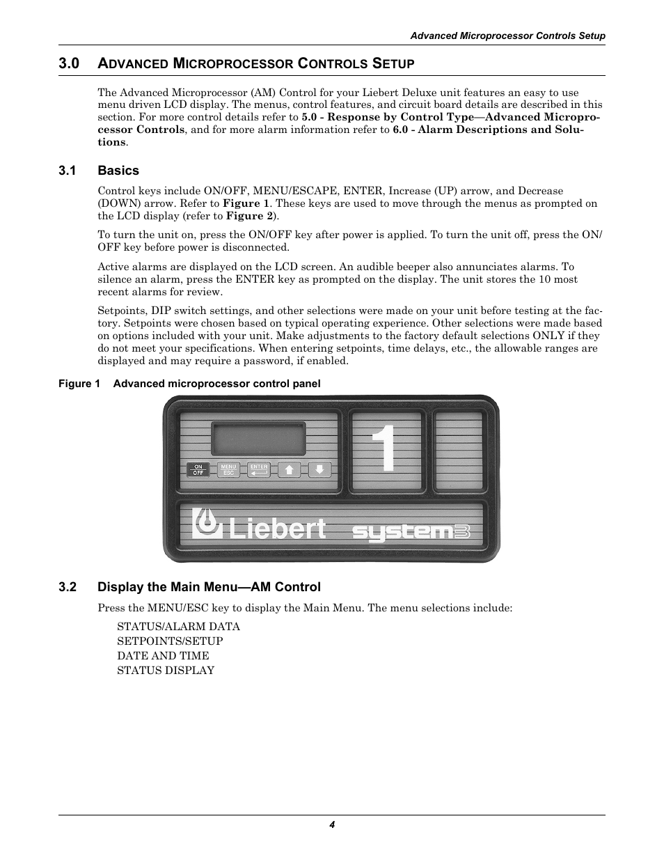0 advanced microprocessor controls setup, 1 basics, Figure 1 advanced microprocessor control panel | 2 display the main menu-am control, Dvanced, Icroprocessor, Ontrols, Etup, Basics, Display the main menu—am control | Emerson Liebert Deluxe System/3 DH User Manual | Page 12 / 80