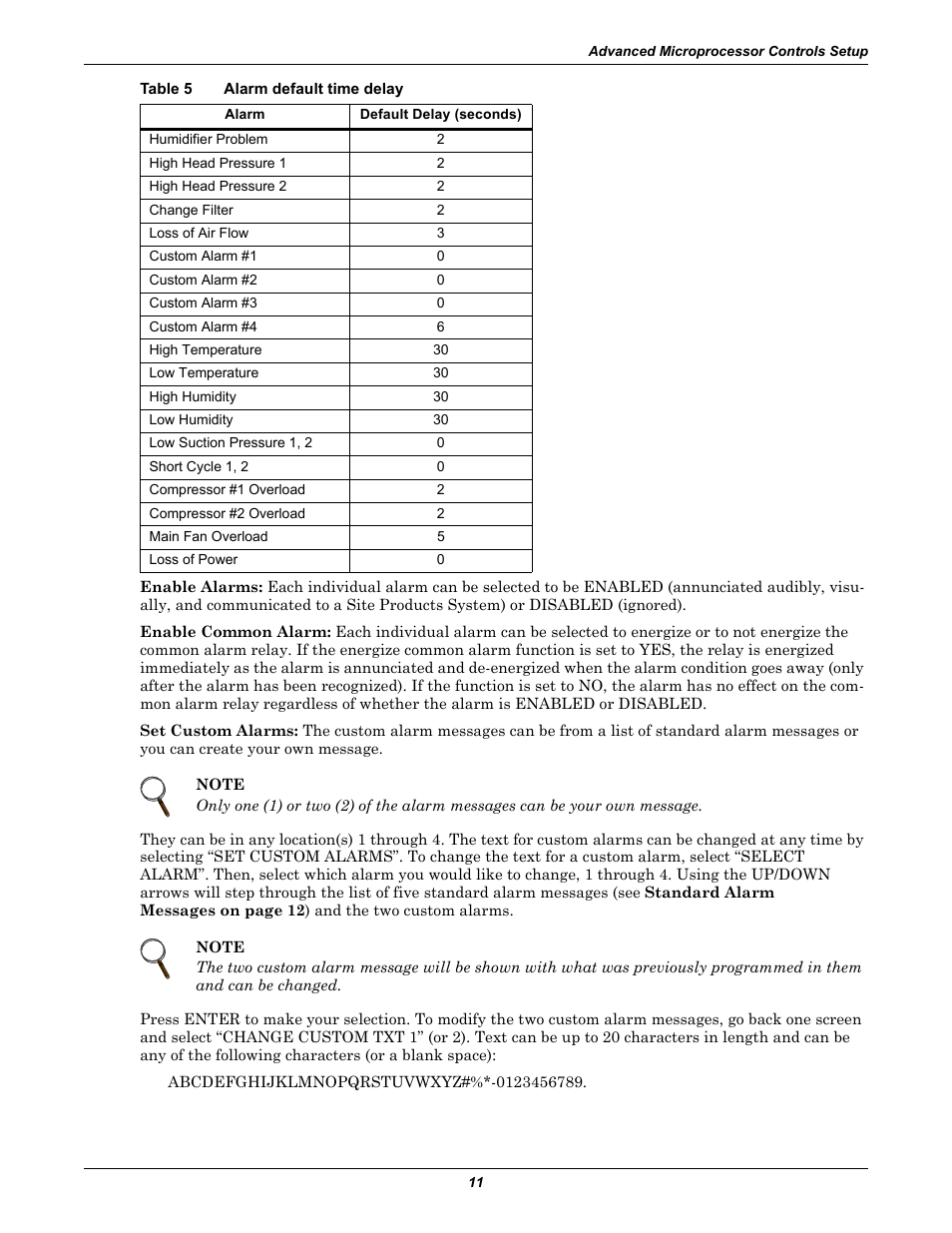 Table 5 alarm default time delay, Table 5, Alarm default time delay | Emerson Liebert Deluxe System/3 DH User Manual | Page 19 / 80