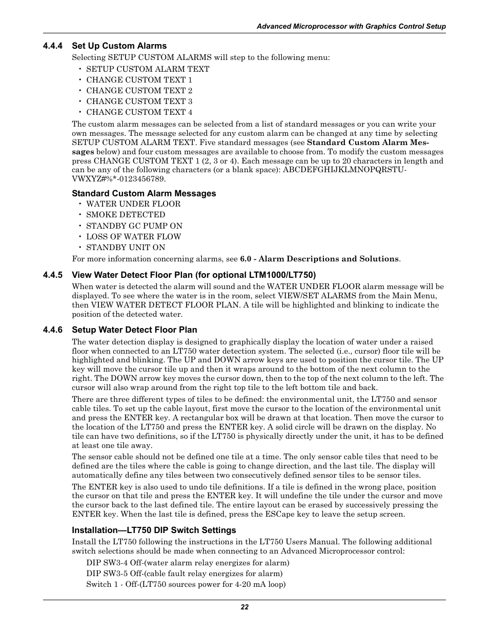 4 set up custom alarms, Standard custom alarm messages, 6 setup water detect floor plan | Installation-lt750 dip switch settings, Set up custom alarms, Setup water detect floor plan | Emerson Liebert Deluxe System/3 DH User Manual | Page 30 / 80