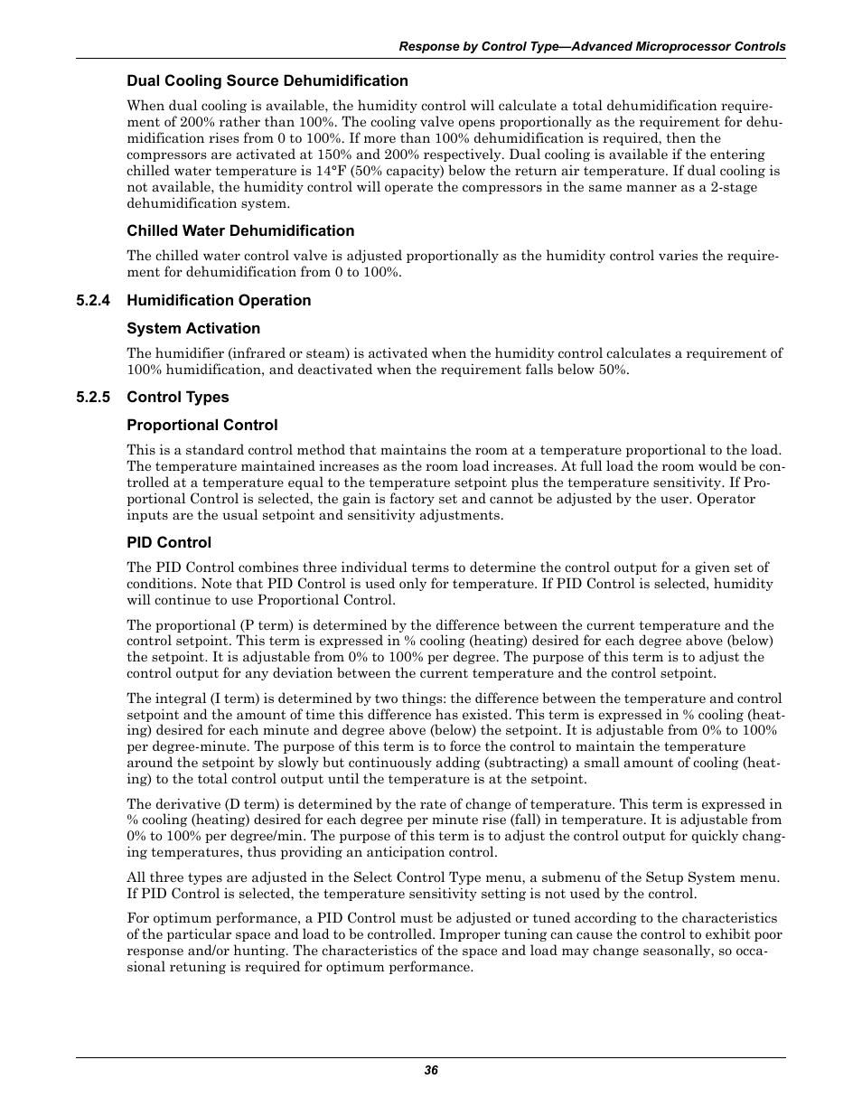 Dual cooling source dehumidification, Chilled water dehumidification, 4 humidification operation | System activation, 5 control types, Proportional control, Pid control, Humidification operation, Control types | Emerson Liebert Deluxe System/3 DH User Manual | Page 44 / 80