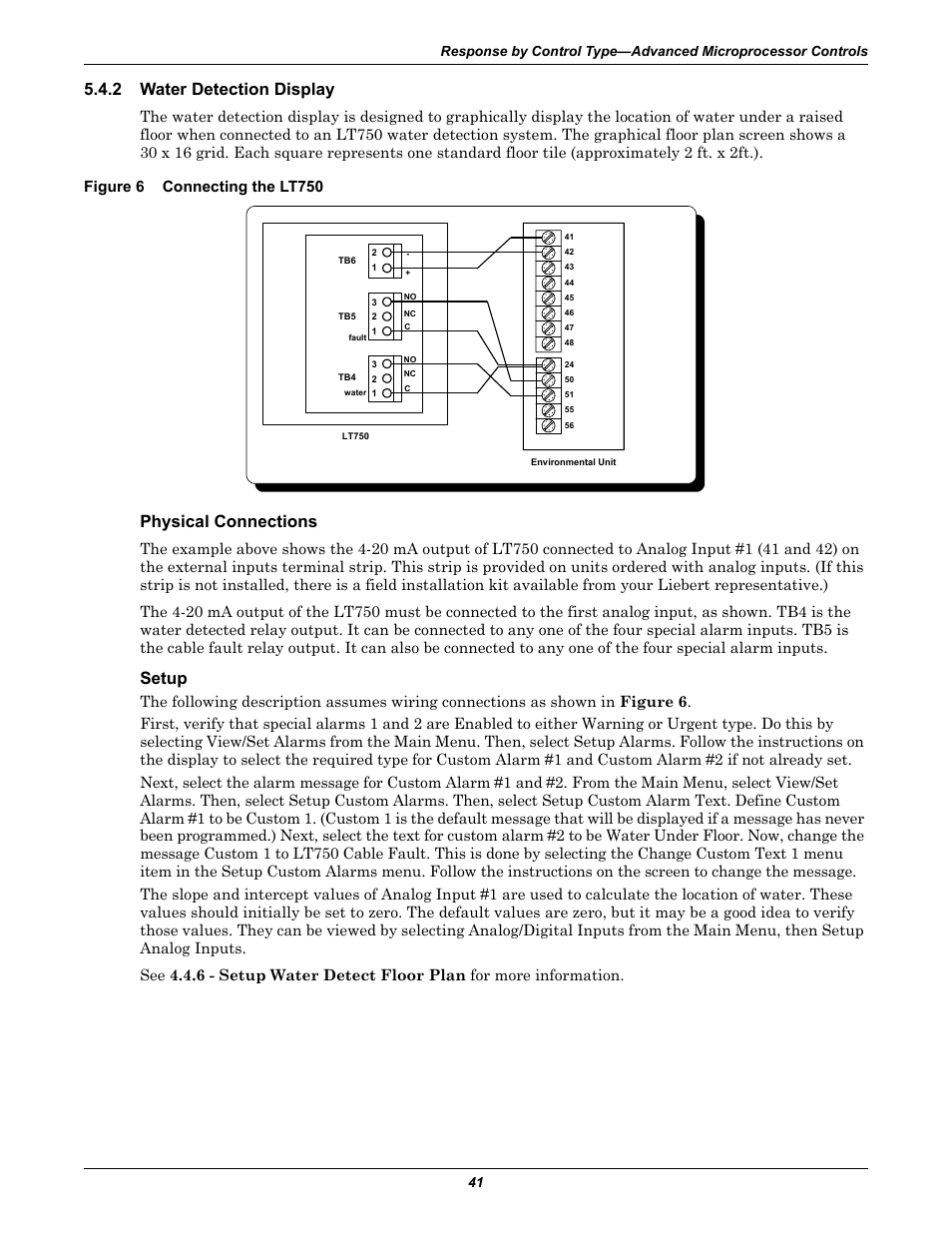 2 water detection display, Figure 6 connecting the lt750, Physical connections | Setup, Water detection display, Figure 6, Connecting the lt750 | Emerson Liebert Deluxe System/3 DH User Manual | Page 49 / 80