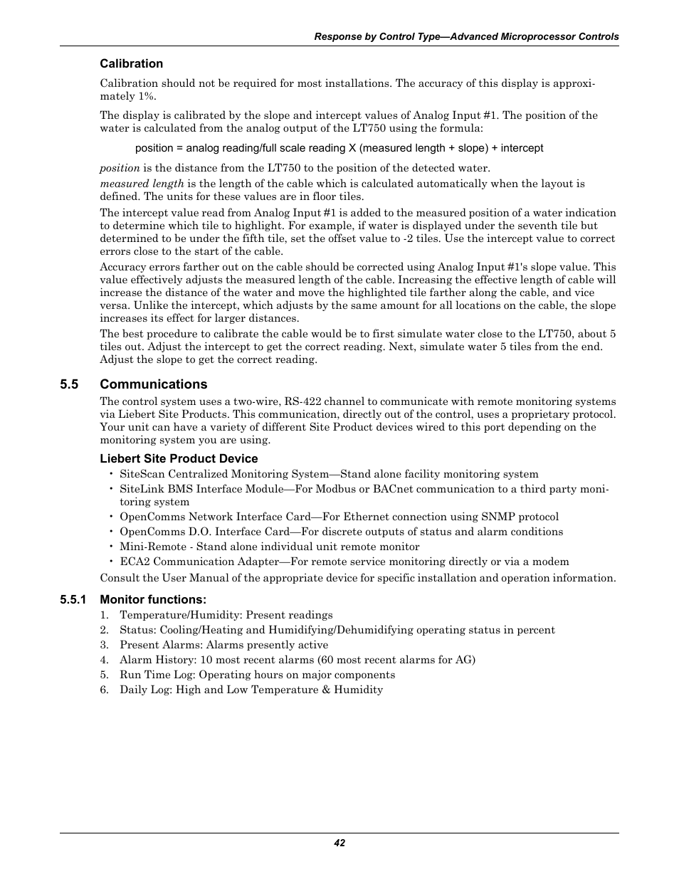 Calibration, 5 communications, Liebert site product device | 1 monitor functions, Communications, Monitor functions | Emerson Liebert Deluxe System/3 DH User Manual | Page 50 / 80