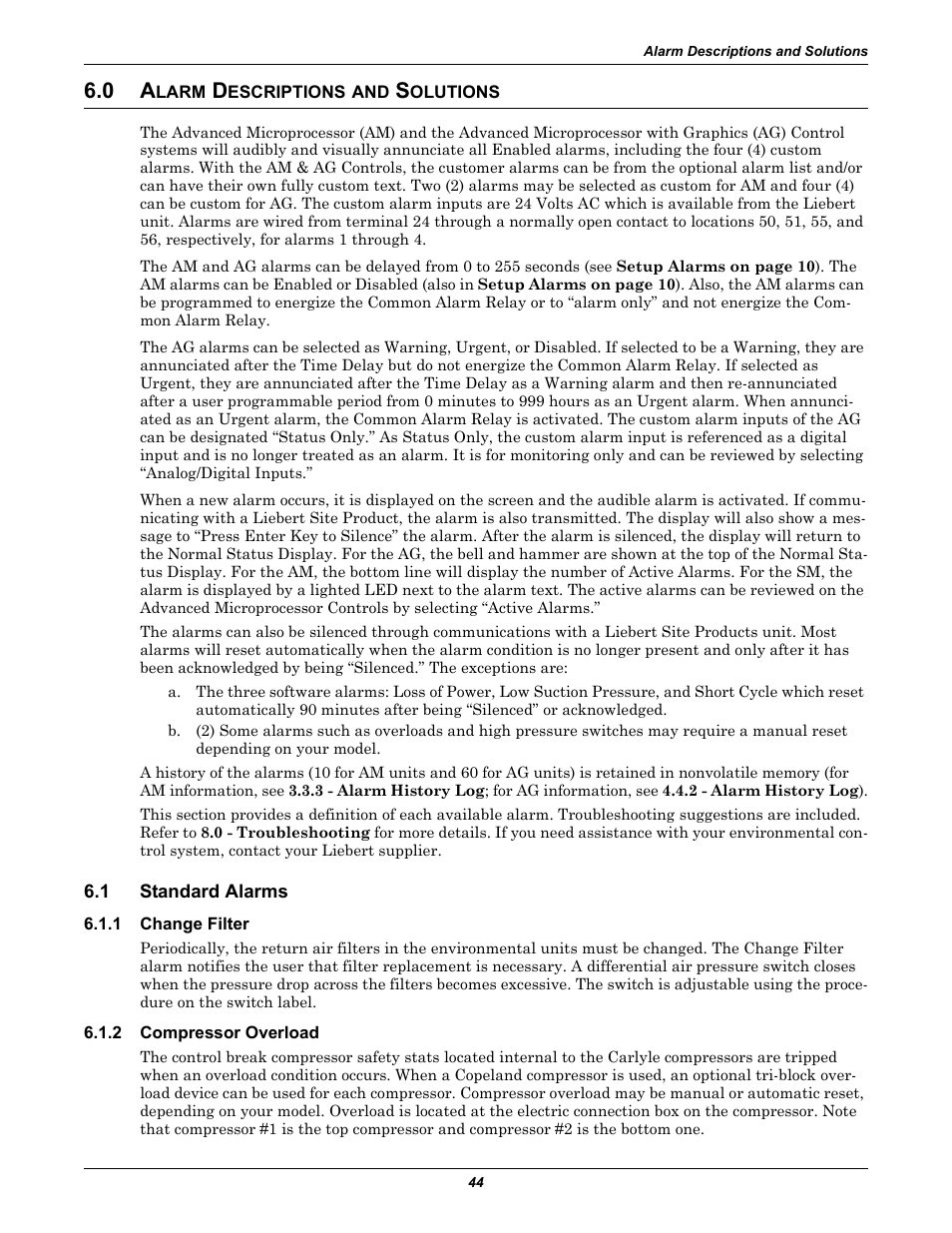 0 alarm descriptions and solutions, 1 standard alarms, 1 change filter | 2 compressor overload, Larm, Escriptions, Olutions, Standard alarms, Change filter, Compressor overload | Emerson Liebert Deluxe System/3 DH User Manual | Page 52 / 80