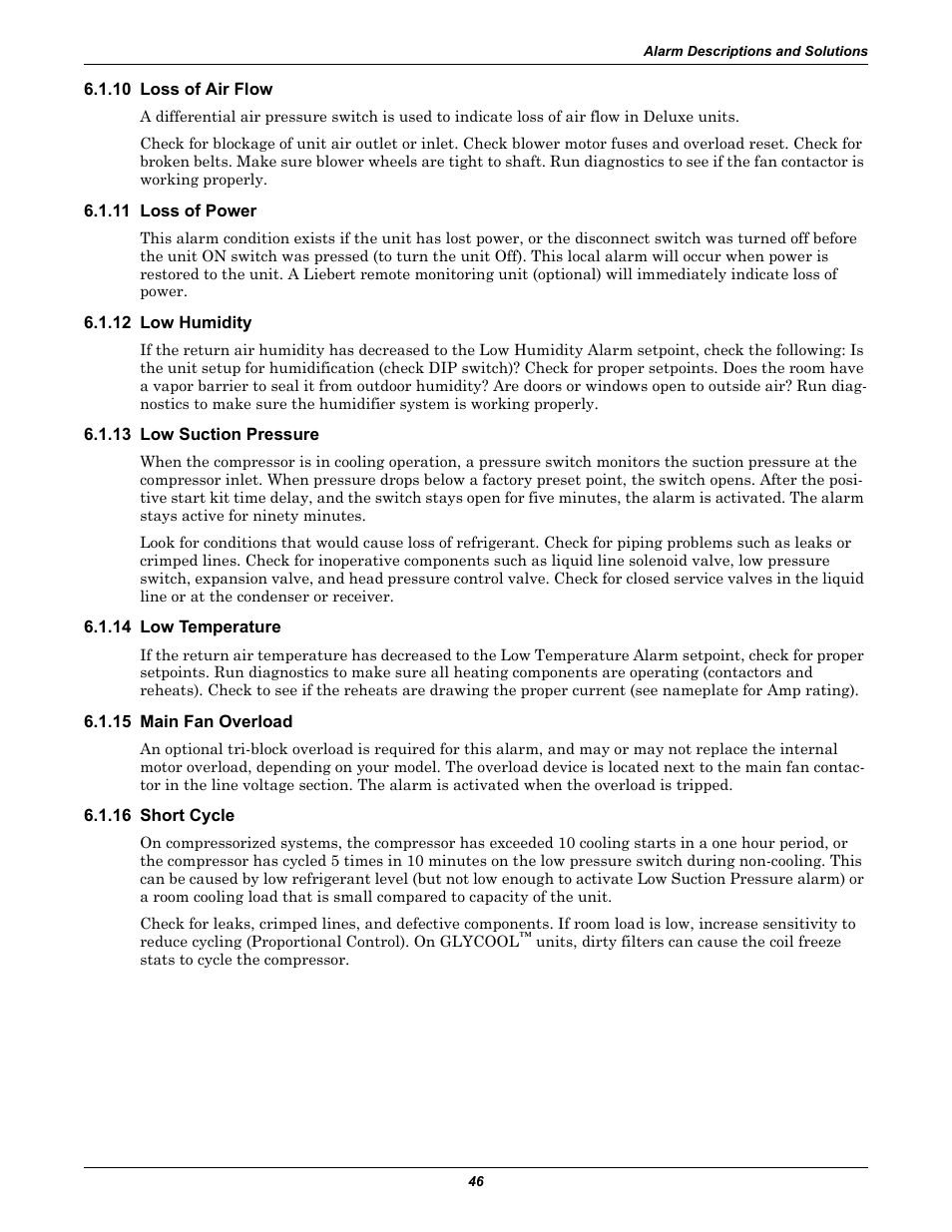 10 loss of air flow, 11 loss of power, 12 low humidity | 13 low suction pressure, 14 low temperature, 15 main fan overload, 16 short cycle | Emerson Liebert Deluxe System/3 DH User Manual | Page 54 / 80
