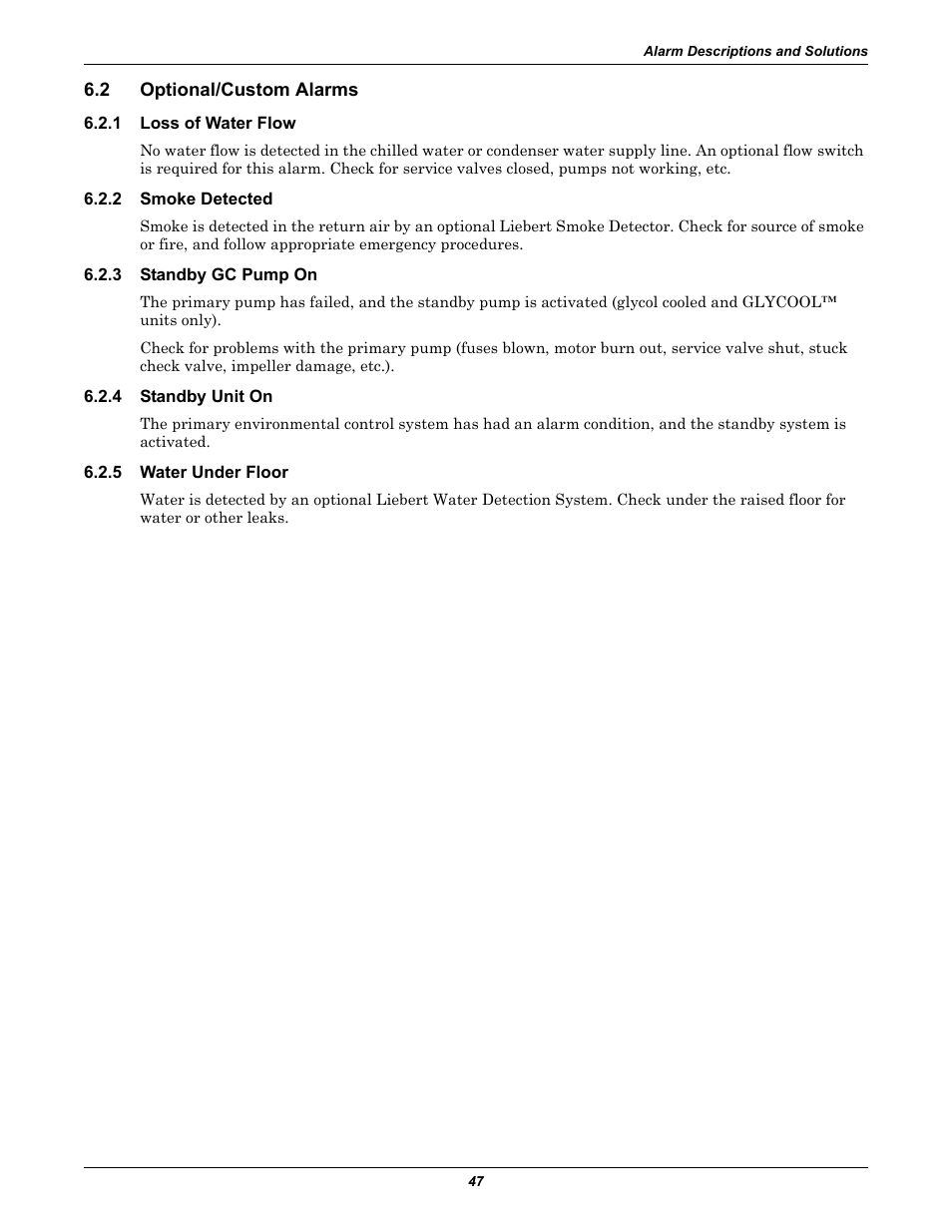 2 optional/custom alarms, 1 loss of water flow, 2 smoke detected | 3 standby gc pump on, 4 standby unit on, 5 water under floor, Optional/custom alarms, Loss of water flow, Smoke detected, Standby gc pump on | Emerson Liebert Deluxe System/3 DH User Manual | Page 55 / 80