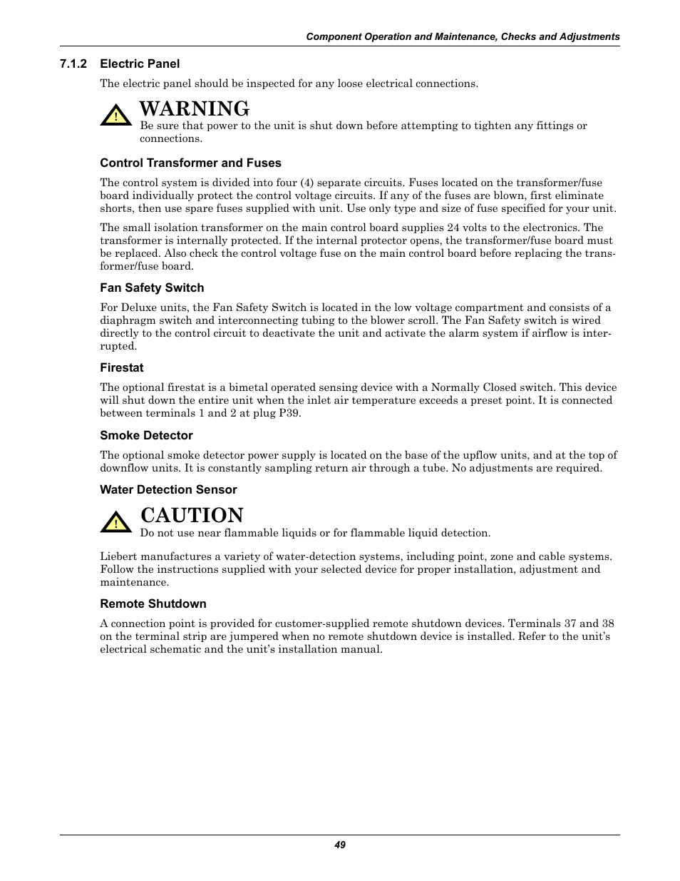 2 electric panel, Control transformer and fuses, Fan safety switch | Firestat, Smoke detector, Water detection sensor, Remote shutdown, Electric panel, Warning, Caution | Emerson Liebert Deluxe System/3 DH User Manual | Page 57 / 80