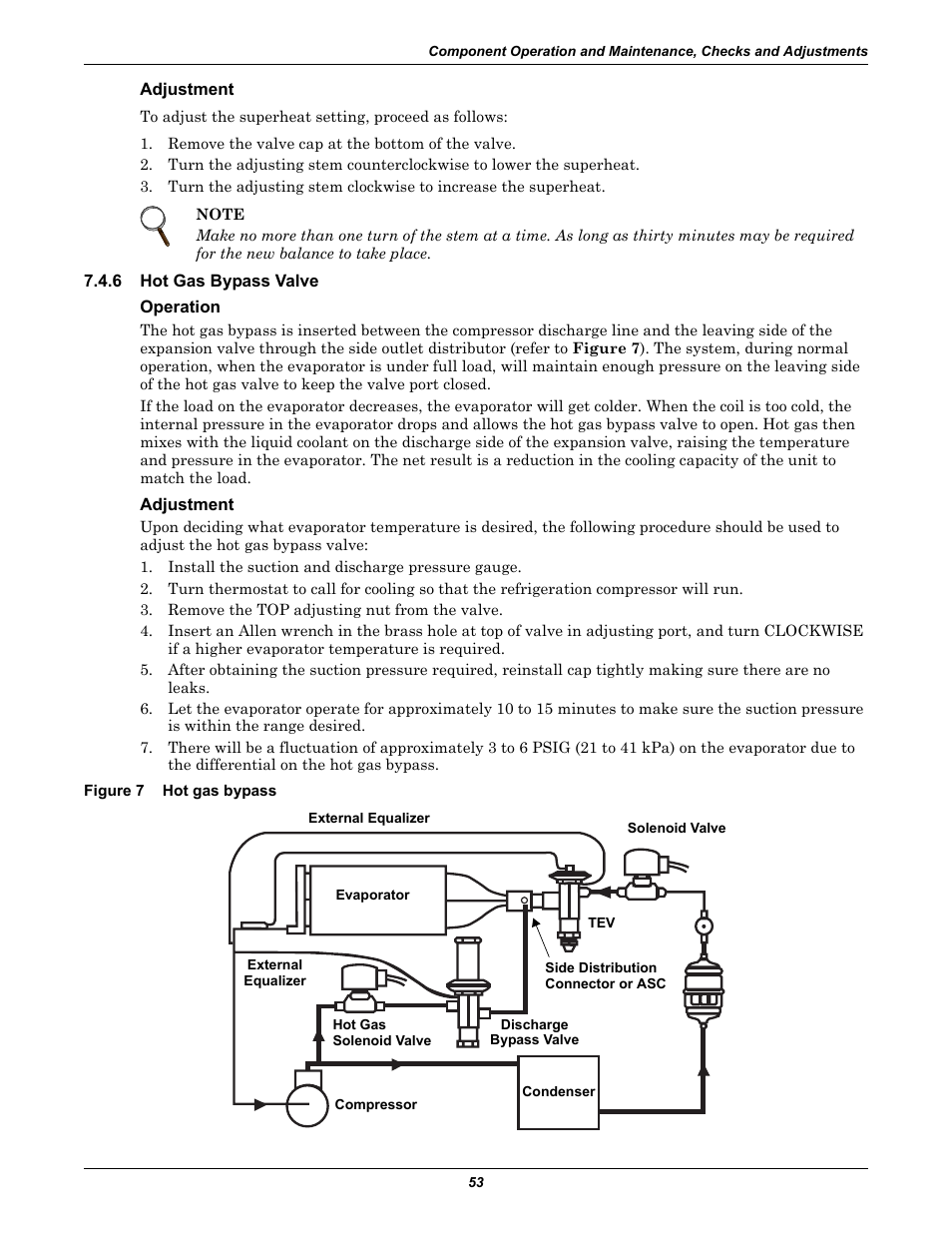 Adjustment, 6 hot gas bypass valve, Operation | Figure 7 hot gas bypass, Hot gas bypass valve, Figure 7, Hot gas bypass | Emerson Liebert Deluxe System/3 DH User Manual | Page 61 / 80