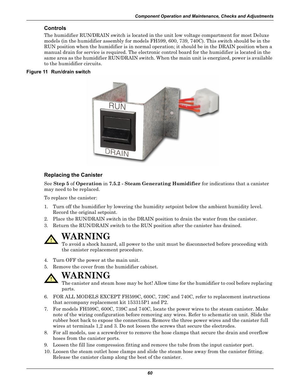 Controls, Figure 11 run/drain switch, Replacing the canister | Warning | Emerson Liebert Deluxe System/3 DH User Manual | Page 68 / 80