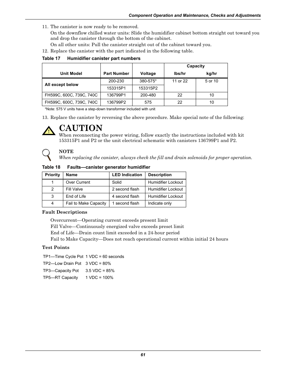 Table 17 humidifier canister part numbers, Table 18 faults-canister generator humidifier, Table 17 | Humidifier canister part numbers, Table 18, Faults—canister generator humidifier, Caution | Emerson Liebert Deluxe System/3 DH User Manual | Page 69 / 80