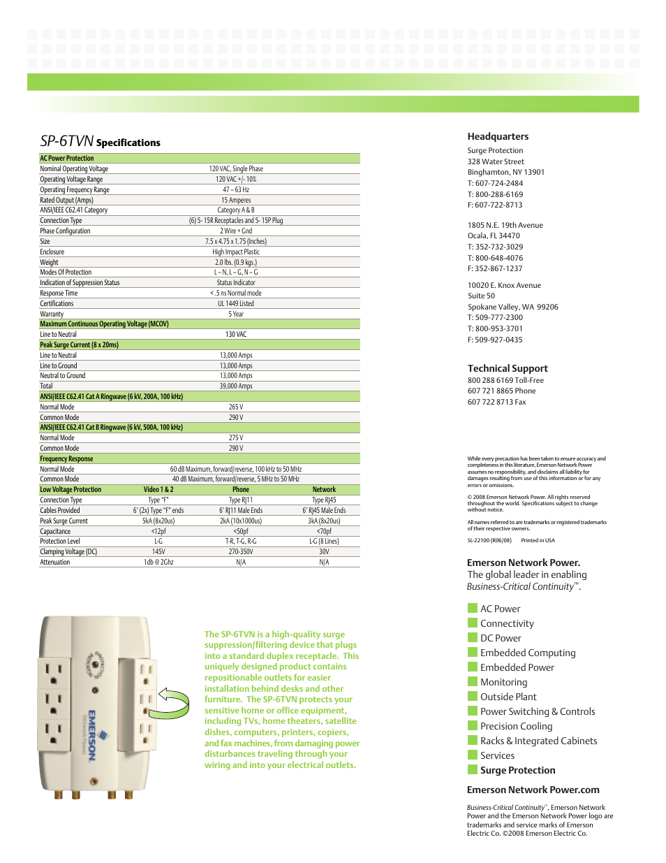 Sp-6tvn, Technical support, Specifications | Emerson SP-6TVN User Manual | Page 2 / 2