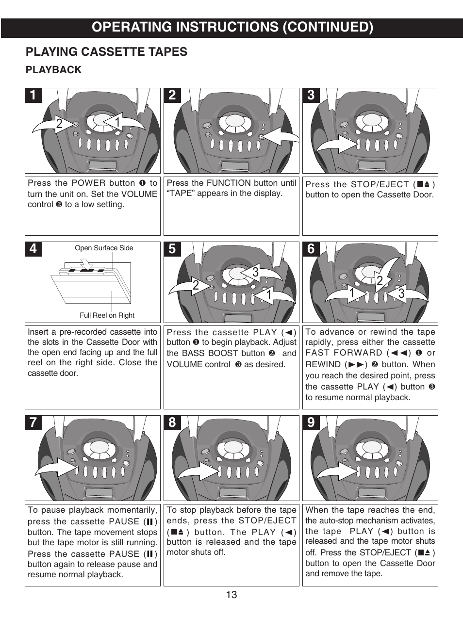 Operating instructions (continued), Playing cassette tapes | Emerson PD6870CH User Manual | Page 14 / 20
